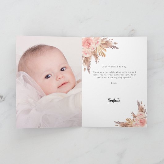 Pampas Gras Rosengarten Goldfloralen Foto Taufe Dankeskarte (Innenseite)