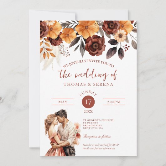 Pampas-Gras-Rust-Fall-QR-Code in einer Hochzeit Einladung (Vorderseite)