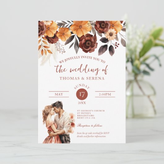 Pampas-Gras-Rust-Fall-QR-Code in einer Hochzeit Einladung (Stehend Vorderseite)