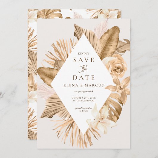 Pampas-Gras Save the Date, getrocknet, aus Goldled Einladung (Vorne/Hinten)