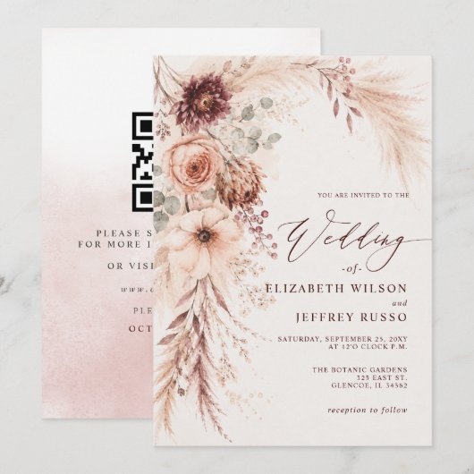 Pampas Gras Terrakotta Herbst QR Code Hochzeit Einladung (Vorne/Hinten)