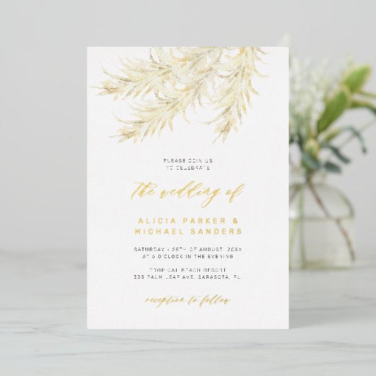Pampas Gras tropische Hochzeit Gold real Folieneinladung (Stehend vorne)