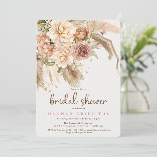 Pampas-Gras und boho-Rose-Brautparty Einladung (Stehend Vorderseite)