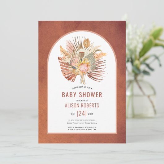 Pampas Gras und Palm Terracotta Babydusche Einladung (Stehend Vorderseite)