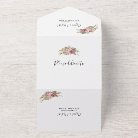 Pampas Gras und Palmen befleckt Terracotta Hochzei All In One Einladung (Außenbereich)