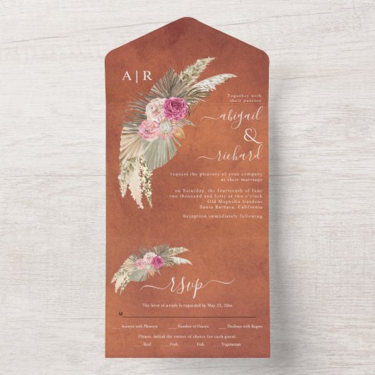 Pampas Gras und Palmen befleckt Terracotta Hochzei All In One Einladung (Innen Boden)