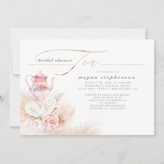 Pampas Gras und Pink Tea Tee Brautparty Tee Einladung (Vorderseite)
