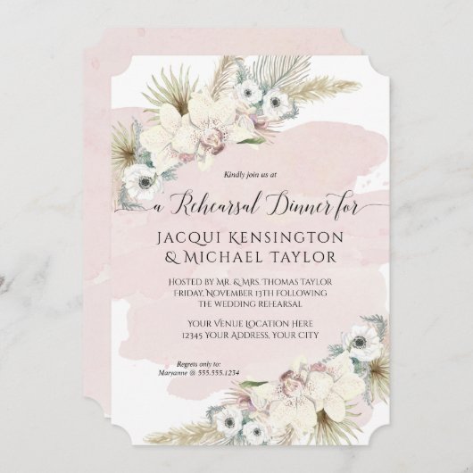 Pampas Gras Weiße Blüten Probe Abendessen Einladung (Vorne/Hinten)