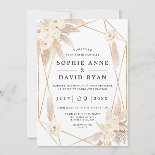 Pampas Gras Weiße Blütengoldblüte in einer Hochzei Einladung (Vorderseite)