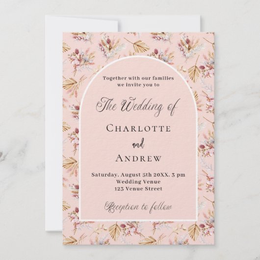 Pampas Grasflorale Rose Goldmedaille Hochzeit Einladung (Vorderseite)