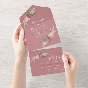 Pampas Graspalme verlasse Rose staubige Rose Hochz All In One Einladung