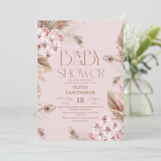 Pampas Grass and Blush Pink Orchid Baby Shower Einladung (Stehend Vorderseite)