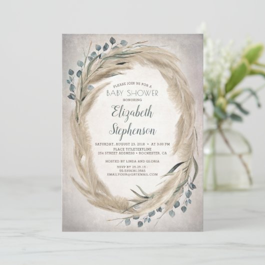 Pampas Grass and Greenery Boho Baby Shower Einladung (Stehend Vorderseite)
