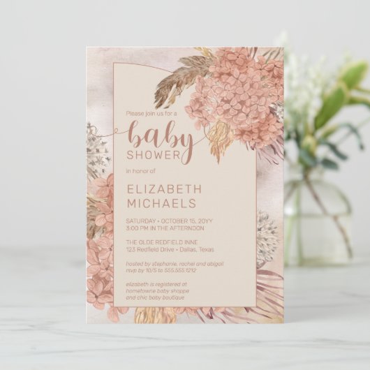 Pampas Grass and Hydrangeas Blooms Baby Dusche Einladung (Stehend Vorderseite)