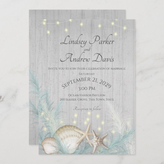 Pampas Grass and Starfish Rustikale Beach Einladun Einladung (Vorne/Hinten)