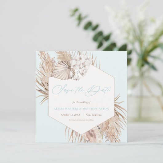 Pampas Grass Aqua Neutrale Hochzeit retten das Dat Save The Date (Stehend Vorderseite)