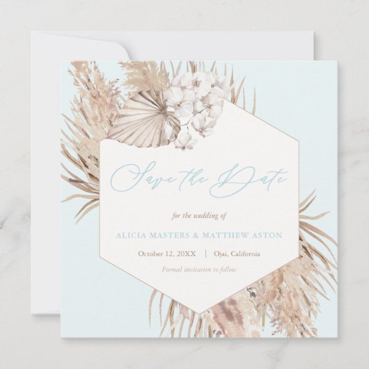 Pampas Grass Aqua Neutrale Hochzeit retten das Dat Save The Date (Vorderseite)