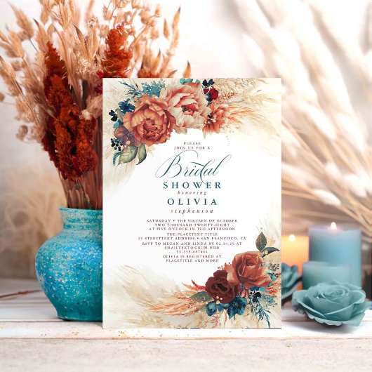 Pampas Grass Aquamarin Blue Terracotta Brautparty Einladung
