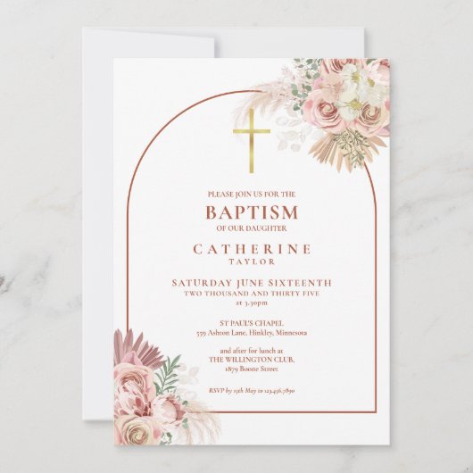 Pampas Grass Arch Taufe Einladung zur Feier (Vorderseite)