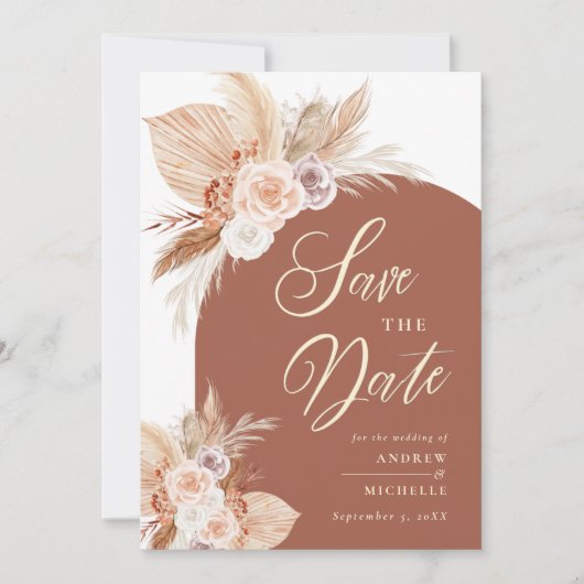 Pampas Grass Arch Terracotta Boho Foto Wedding Save The Date (Vorderseite)