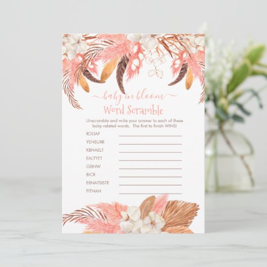 Pampas Grass Baby Dusche Word Scramble Game Card Einladung (Stehend Vorderseite)
