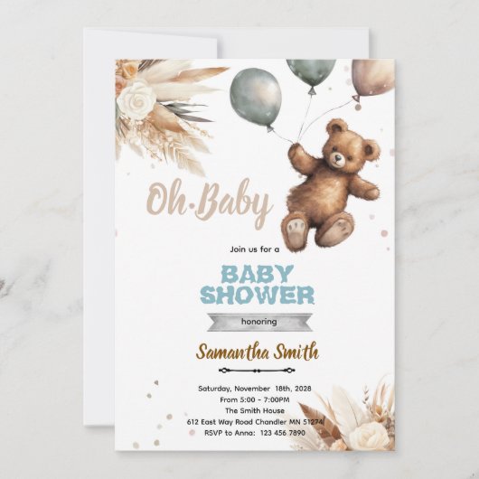 Pampas Grass bear baby shower invitation Einladung (Vorderseite)