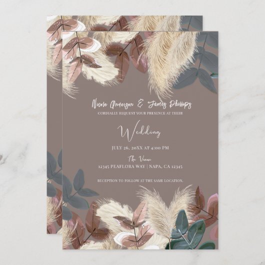 Pampas Grass & Blätter Bohemische Hochzeit Einladung (Vorne/Hinten)