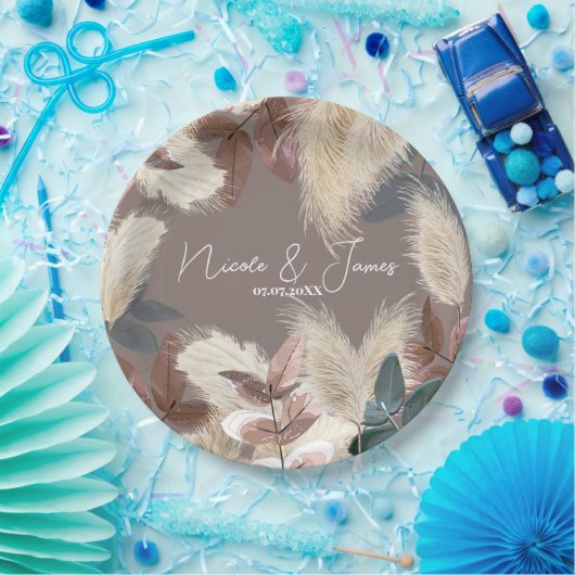 Pampas Grass & Blätter Bohemische Hochzeit Pappteller (Party)