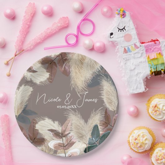 Pampas Grass & Blätter Bohemische Hochzeit Pappteller (Party)