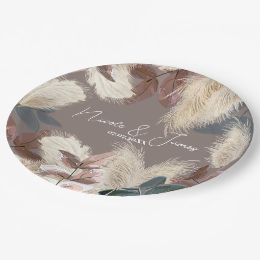 Pampas Grass & Blätter Bohemische Hochzeit Pappteller (Schrägansicht)