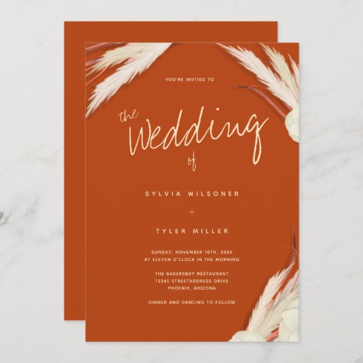 Pampas Grass Blätter Burnt Orange Wedding Einladung (Vorne/Hinten)