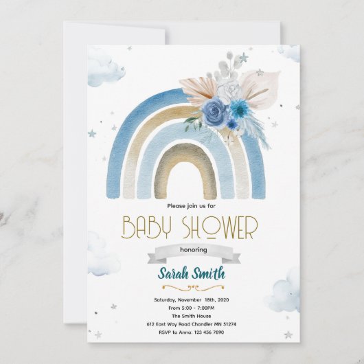 Pampas Grass blue boho rainbow invitation Einladung (Vorderseite)