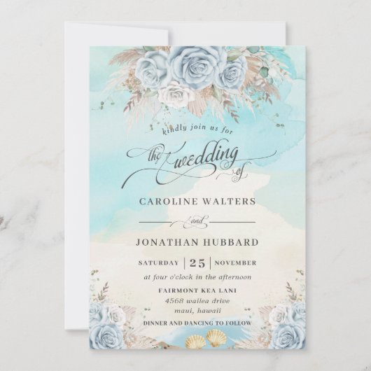 Pampas Grass Blue Floral Beach Hochzeit in Urlaubs Einladung (Vorderseite)