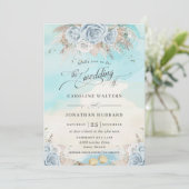 Pampas Grass Blue Floral Beach Hochzeit in Urlaubs Einladung (Stehend Vorderseite)