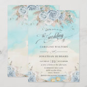 Pampas Grass Blue Floral Beach Hochzeit in Urlaubs Einladung (Vorne/Hinten)