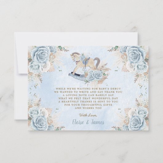 Pampas Grass Blue Floral Rocking Horse Baby Dusche Dankeskarte (Rückseite)