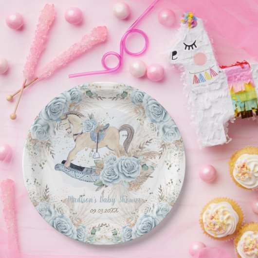 Pampas Grass Blue Floral Rocking Horse Baby Dusche Pappteller (Party)