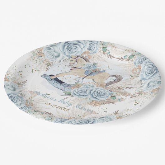 Pampas Grass Blue Floral Rocking Horse Baby Dusche Pappteller (Schrägansicht)