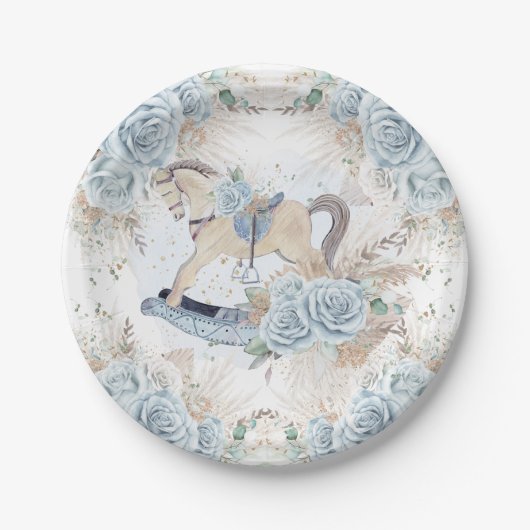 Pampas Grass Blue Floral Rocking Horse Baby Dusche Pappteller (Vorderseite)