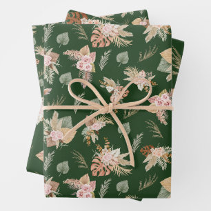 Pampas Grass & Blume auf Dunkelgrün Geschenkpapier Set