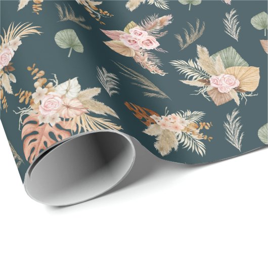 Pampas Grass & Blume auf dunklem Aquamarin Geschenkpapier (Rolleneckpunkt)