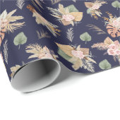 Pampas Grass & Blume auf Navy Blue Geschenkpapier (Rolleneckpunkt)