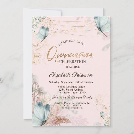 Pampas Grass Blume Blaue Schmetterlinge Quinceañer Einladung (Vorderseite)