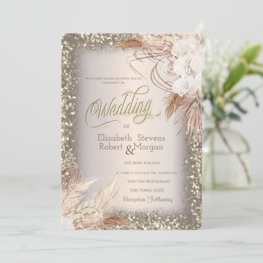 Pampas Grass Blume Glitzer FrameWedding Einladung (Stehend Vorderseite)