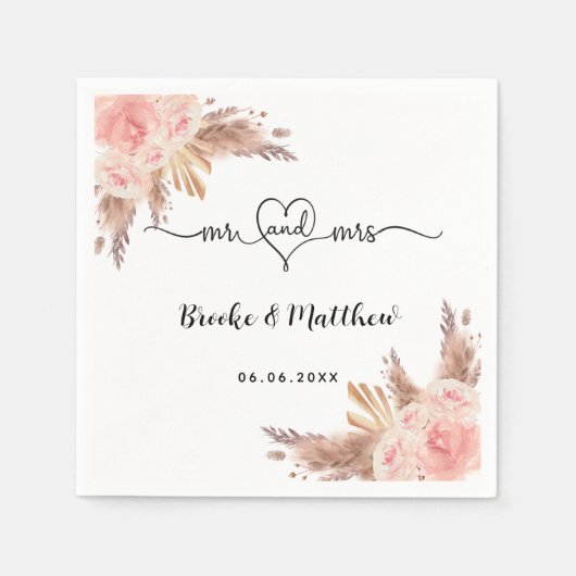 Pampas grass Blume mr mrs heart boho Hochzeit Serviette (Vorderseite)