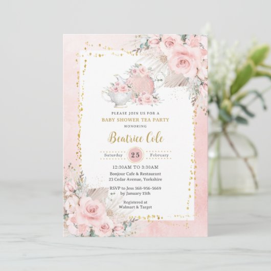 Pampas Grass Blush Blumentee Party Babydusche Einladung (Stehend Vorderseite)