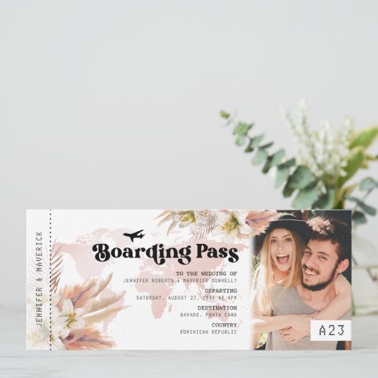 Pampas Grass Boarding Pass Einladung Hochzeit (Stehend Vorderseite)