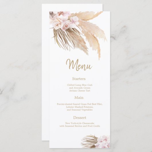 Pampas Grass Bohemisch Blush Hochzeitsempfang Menükarte (Vorne/Hinten)