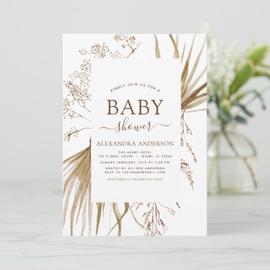 Pampas Grass Bohemisch Boho Babydusche Einladung (Stehend Vorderseite)