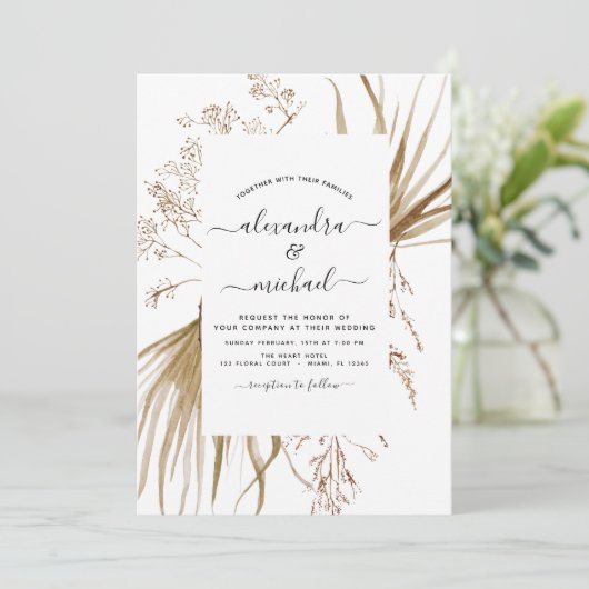 Pampas Grass Bohemisch Boho Hochzeitseinladung Einladung (Stehend Vorderseite)